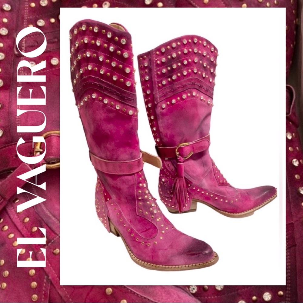 EL VAQUERO Italy Fuschia Suede Western Boots Rhinestones Goldtone Studs 39 NEW
